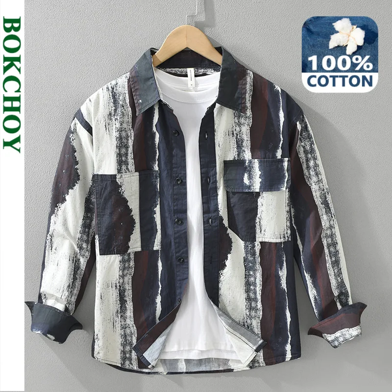 2024 Autumn New Fashion Printed 100% Cotton Shirts for Men Clothing Big Pockets Soft Long Sleeve Men Shirts CM7307