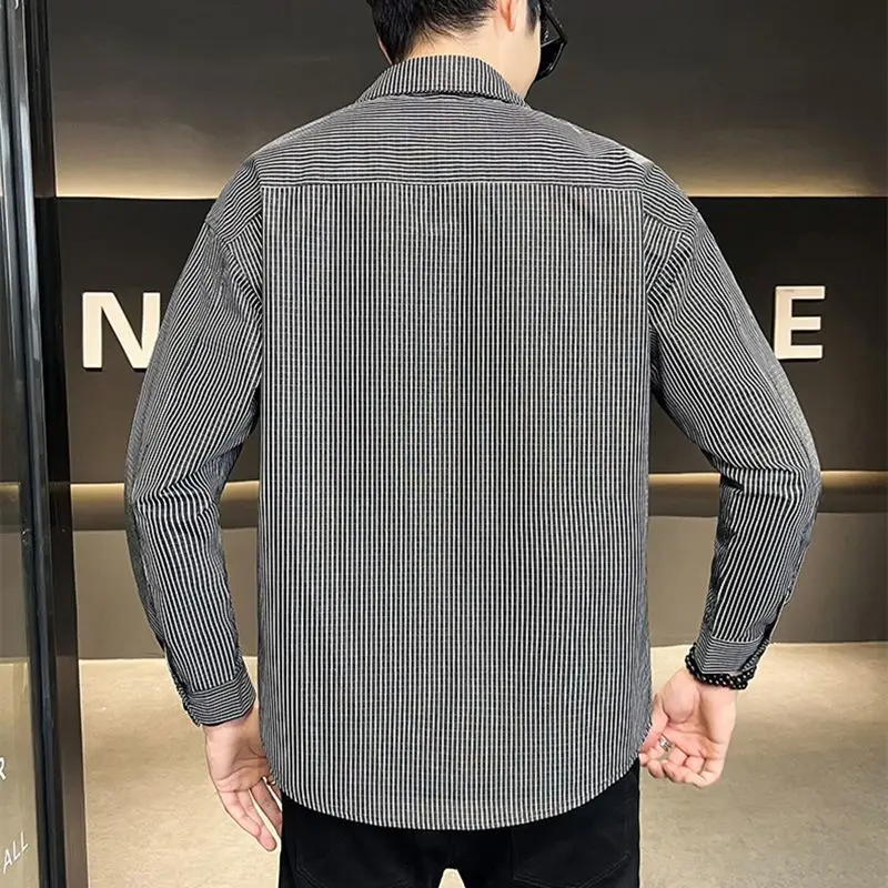 Spring Autumn New Turn-down Collar Long Sleeve Fashion Shirt Man High Street Casual Striped Printing Pockets Patchwork Cardigan