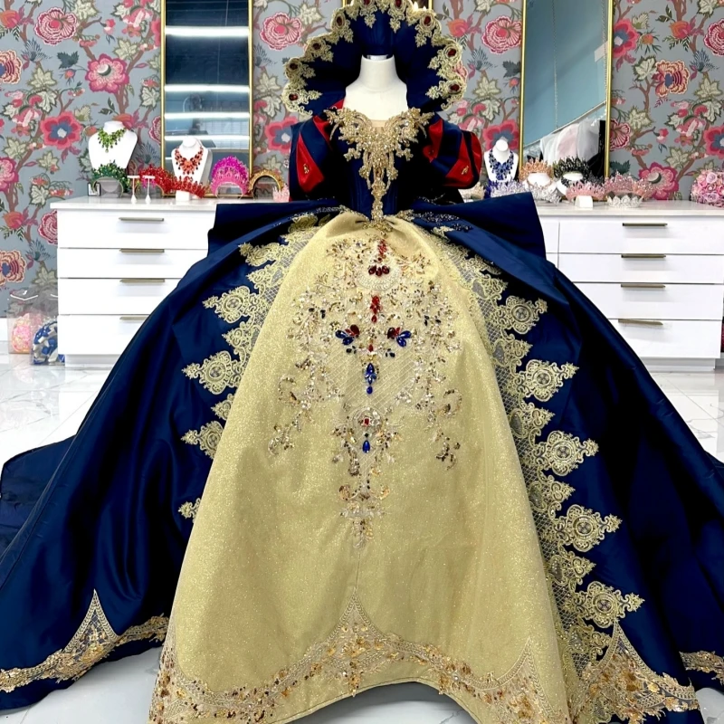 Koningsblauw Glanzende Quinceanera Jurken Uit De Schouder Applique Kant Kralen Kristal Strik Tull Feest Verjaardag Sweet 16-jurk Vesti