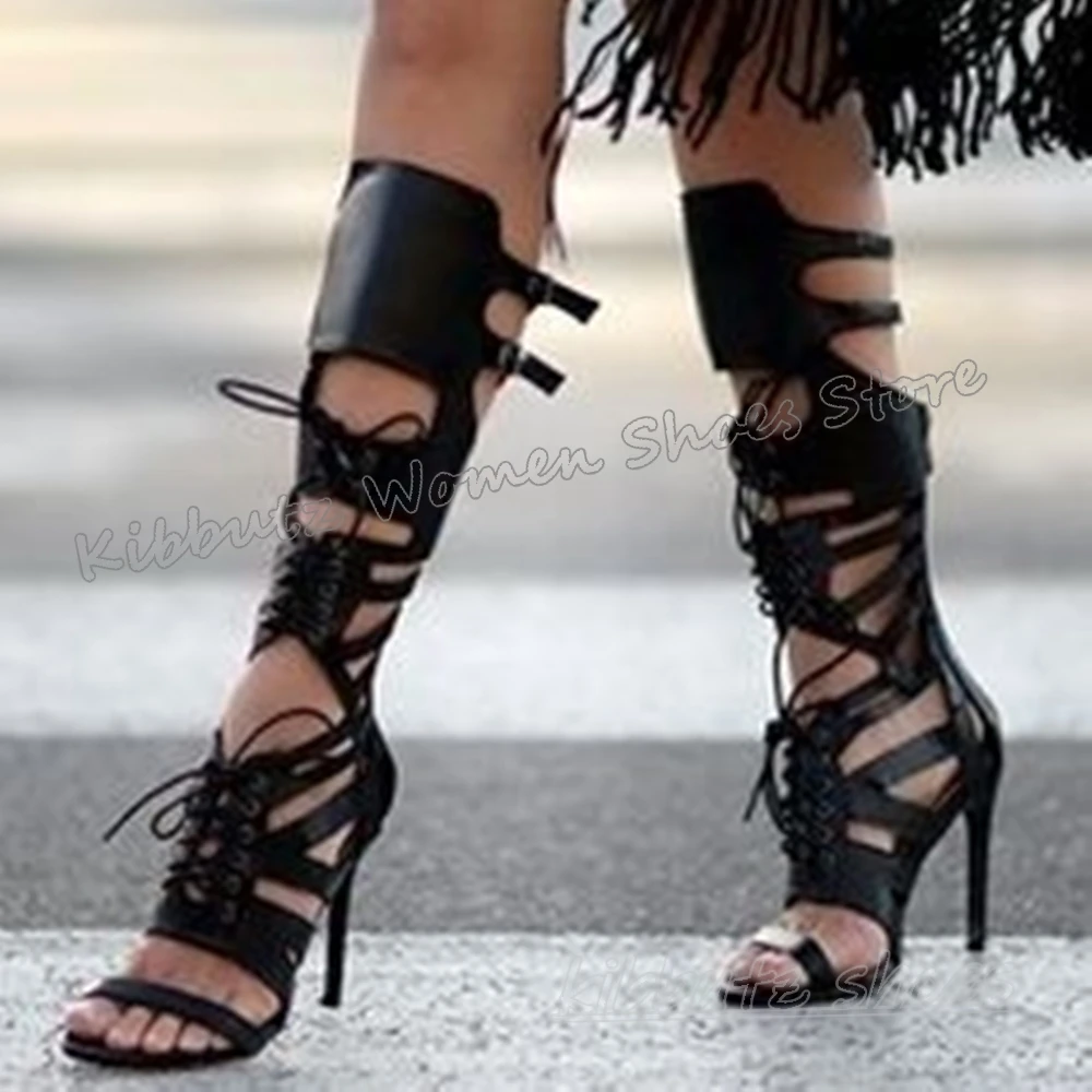 Rome Knee High Boots Leather Solid Color Lace-Up Hollow Women Shoes New Round Toe Thin Heels Fashion Elegant Concise Sexy Luxury