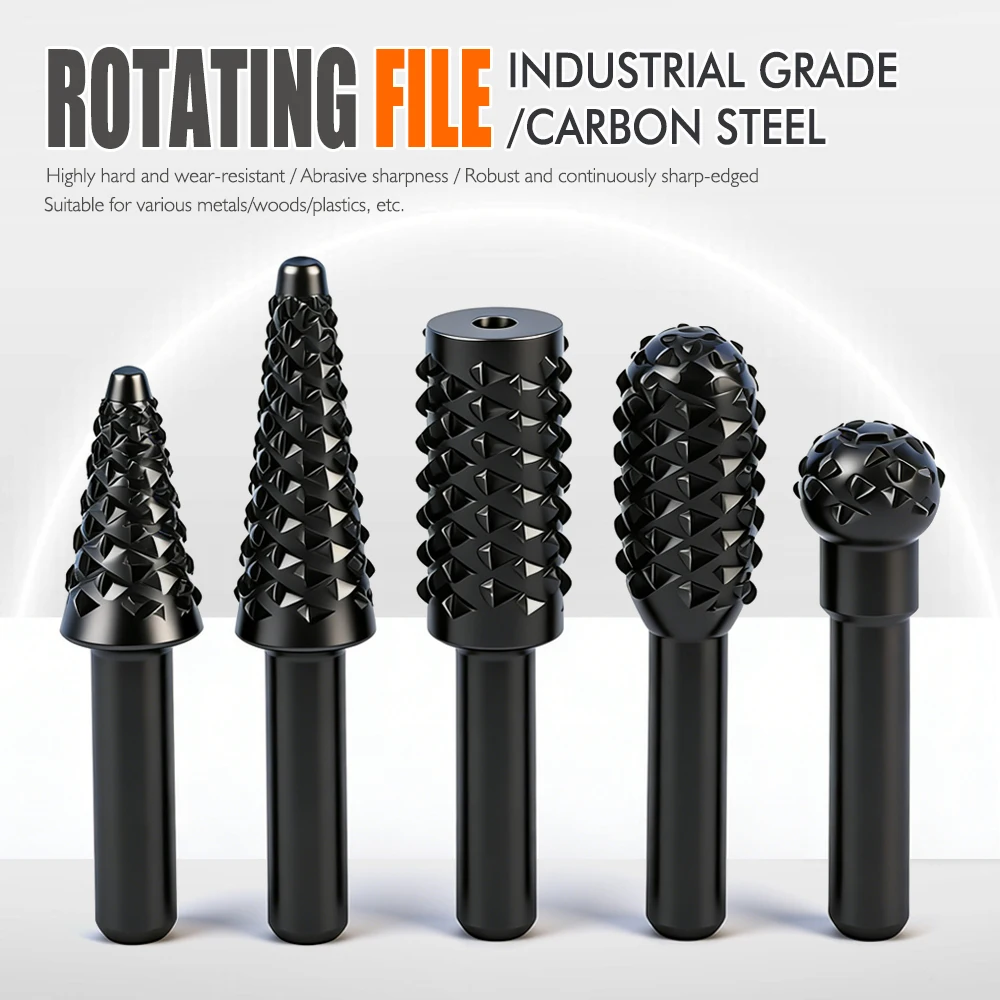 5-Piece Set of Woodworking Round-Handle Rotary Shaped Files Steel Files for Grinding, Polishing, Deburring, and Hole Enlargement