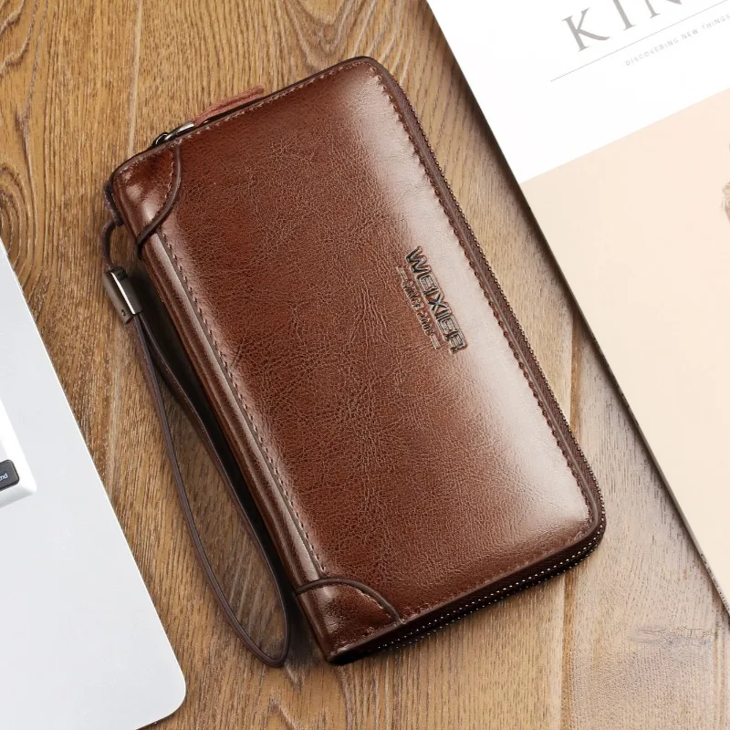 Men's genuine leather handbag, made of PU material, large capacity metal double pull tab long wallet, waterproof