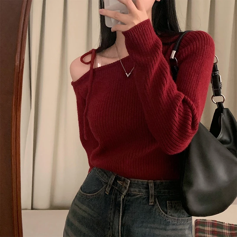 Sweater Women Irregular Skew Collar Long Sleeve Chic Casual Knitted Pullovers New Year\'s And Christmas Sweaters