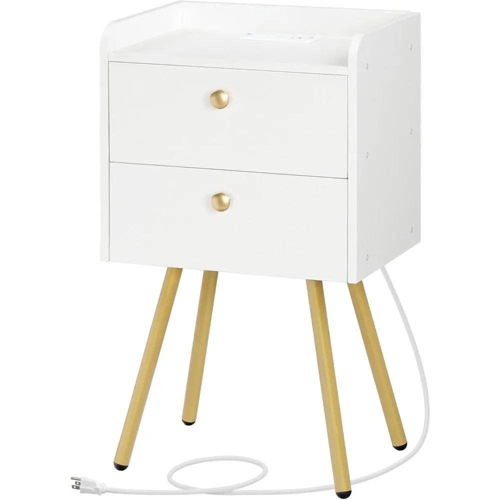 

Nightstand with Charging Station, Modern End Table with 2 Drawers, Stylish Sofa Side Table, Multiple Charging Ports, Metal Legs