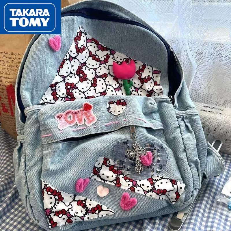 

TAKARA TOMY2022 New Hello Kitty Girls Denim Large-capacity Cute Backpack Students Hit Color Stitching Do The Old Sweet Schoolbag