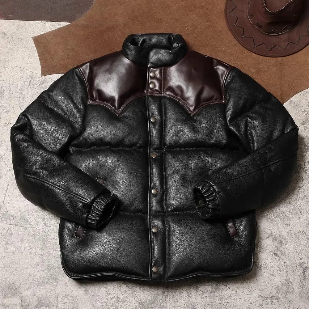 YR-Original Thick Leather Winter Jacket, Vintage Style, Heavy Real Cowhide Coat, 400g Duck Down Cloth, Quality Wholesales