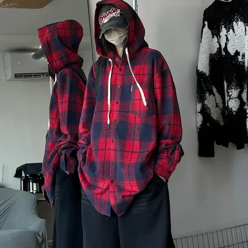 7XL Streetwear Hip Hop Plaid Woolen Unisex Hooded Shirt Autumn Winter Thick Long Sleeve Loose Men Shirts Plus Size Mens Clothing