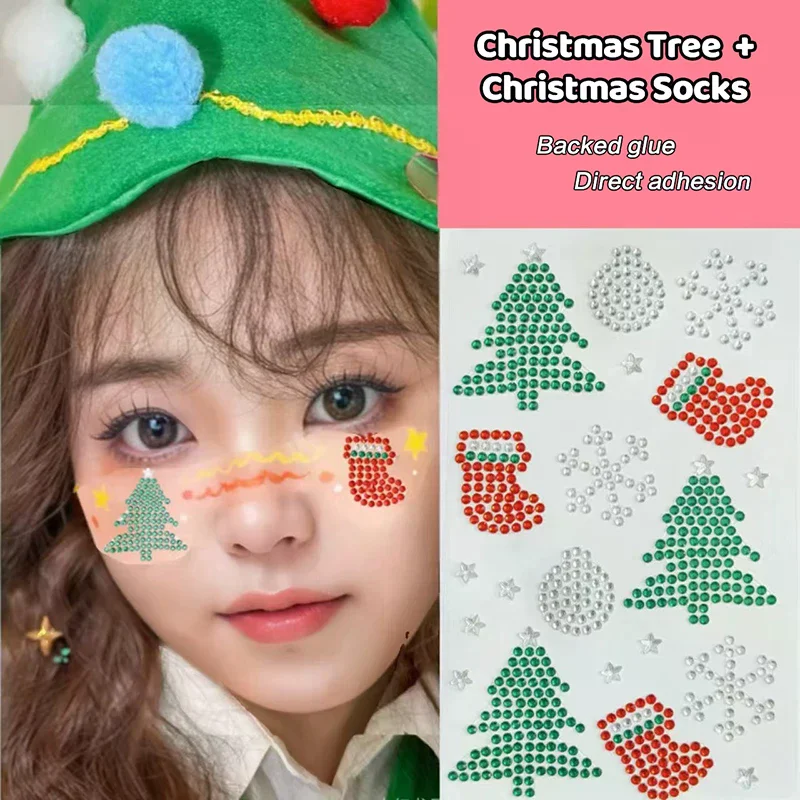 عيد الميلاد ماكياج الأبيض ندفة الثلج شجرة عيد الميلاد ملصقات حجر الراين عيون الوجه الوشم المؤقت ذاتية اللصق التصحيح مهرجان الأيل