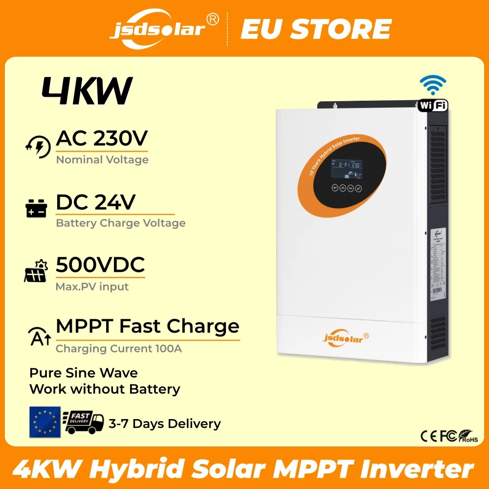 Jsdsolar 4KW 24V Hybrid Solar Pure Sine Wave Inverter MPPT 100A Solar Charger PV 500VDC Off Grid with Wifi Support LiFePo4
