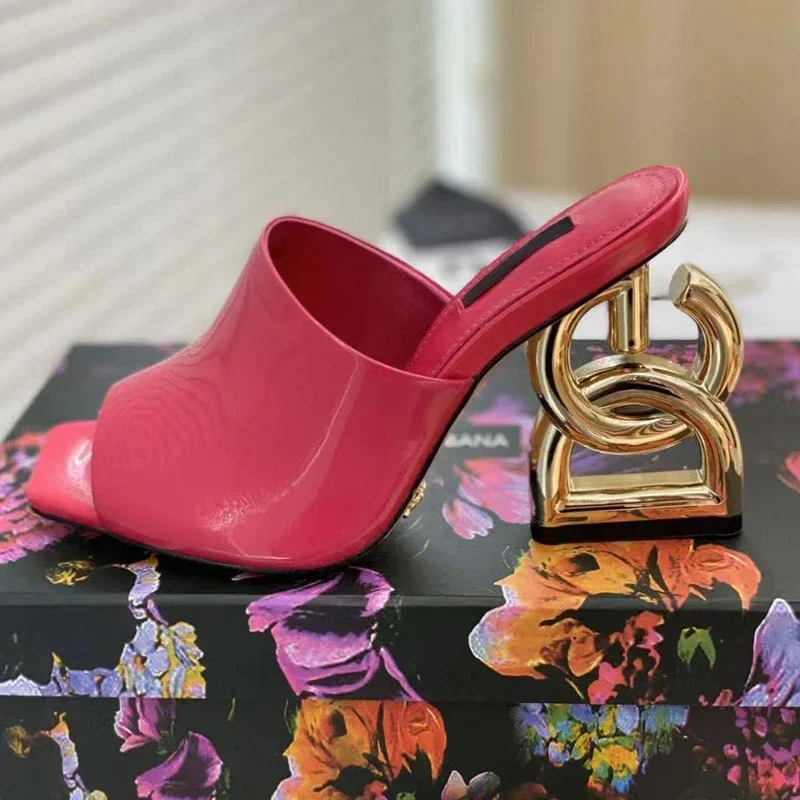 

Eye-catching Patent Leather Mules Peep Toe Sandals Woman Sexy High Heels Fashion Runway Dress Shoes