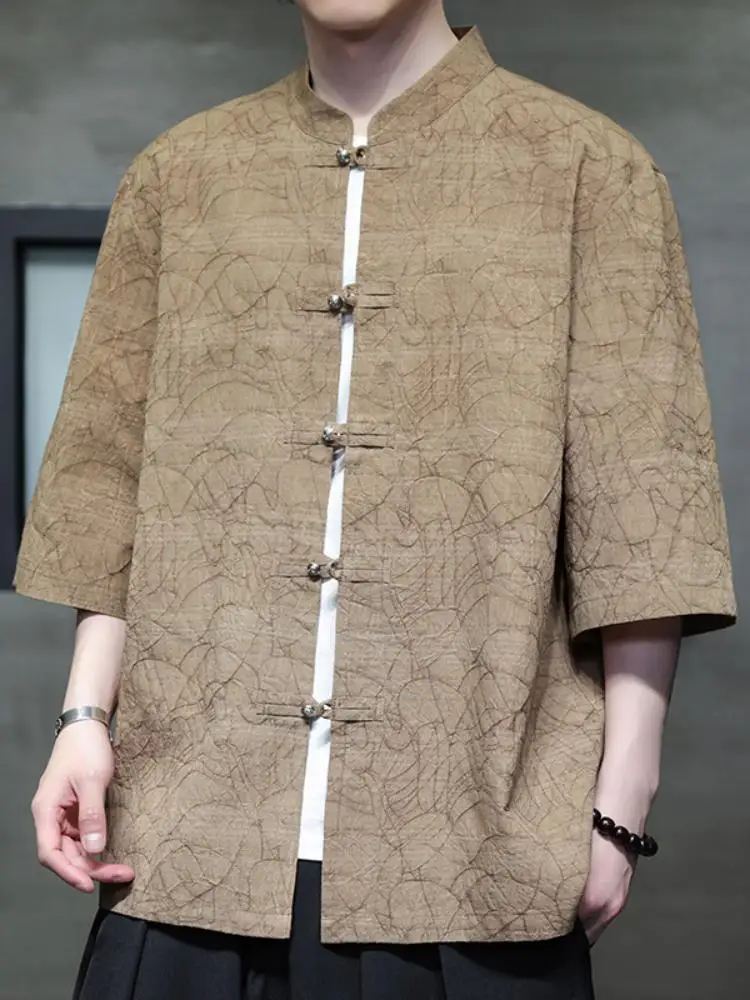 

Мужская рубашка из текстурированного ледяного шелка с коротким рукавом, тонкая, летняя, в китайском стиле, на пуговицах, дышащая, удобная, в стиле Ханьфу/Тан.