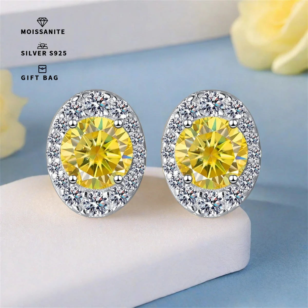 A pair of S925 sterling silver Lemon yellow stud earrings, oval bracket wrapped round GRA moissanite simple elegant earrings