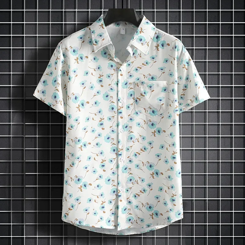 Men's Hawaiian Blue Floral Beach Shirt Retro Button Collar Loose Top Casual Summer Large Size Clothing