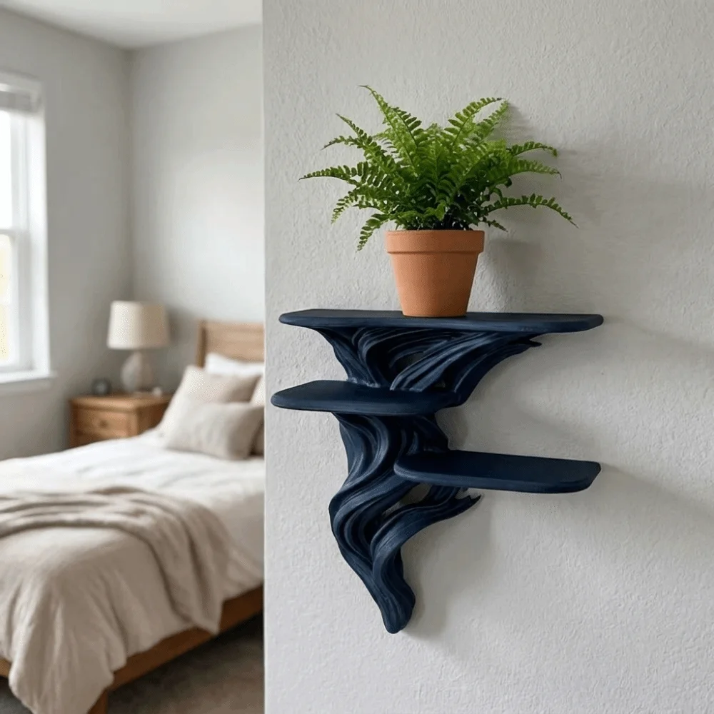 Multipurpose 3D Printed Three Tier Wall Rack Irregular Shape Stable Floating Wall Shelf Artistic Wall Storage Rack Bedroom