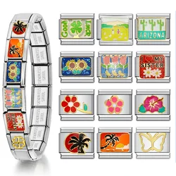 1pc Women Men Elastic Charm Link Italian Fit 9mm Bracelets Stainless Steel Colorful Glaze Flower DIY Making Jewelry Accessories