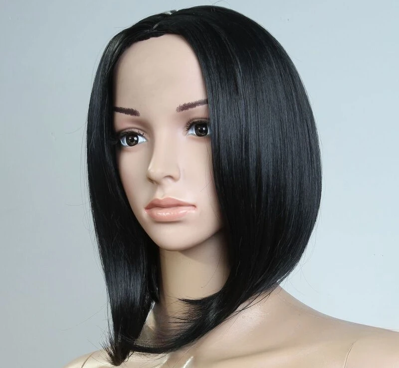 Wig hitam pendek wanita, pesta Cosplay aman panas sintetis lurus