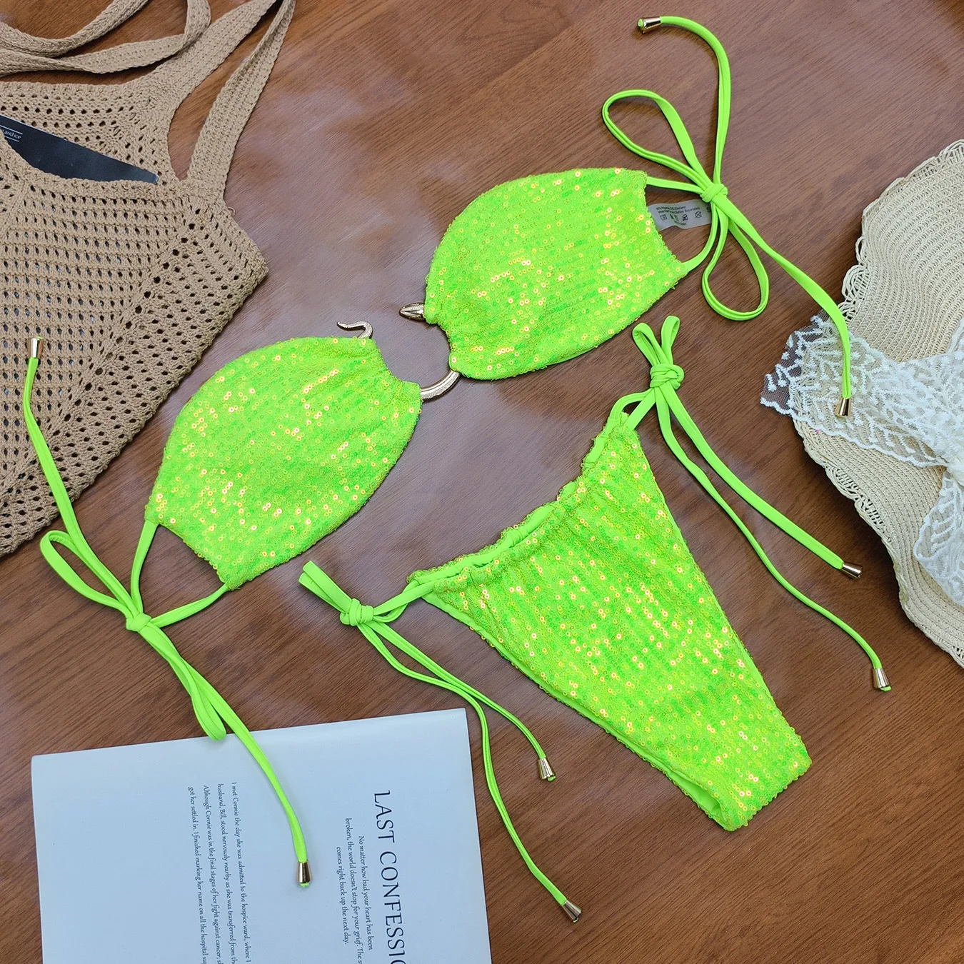 Melphieer Metal Snake Decor Pailletten Sparkle Bikini 2026 Badeanzug Strand Damen Sexy Resort Bademode Biquini Zweiteilige Badeanzüge