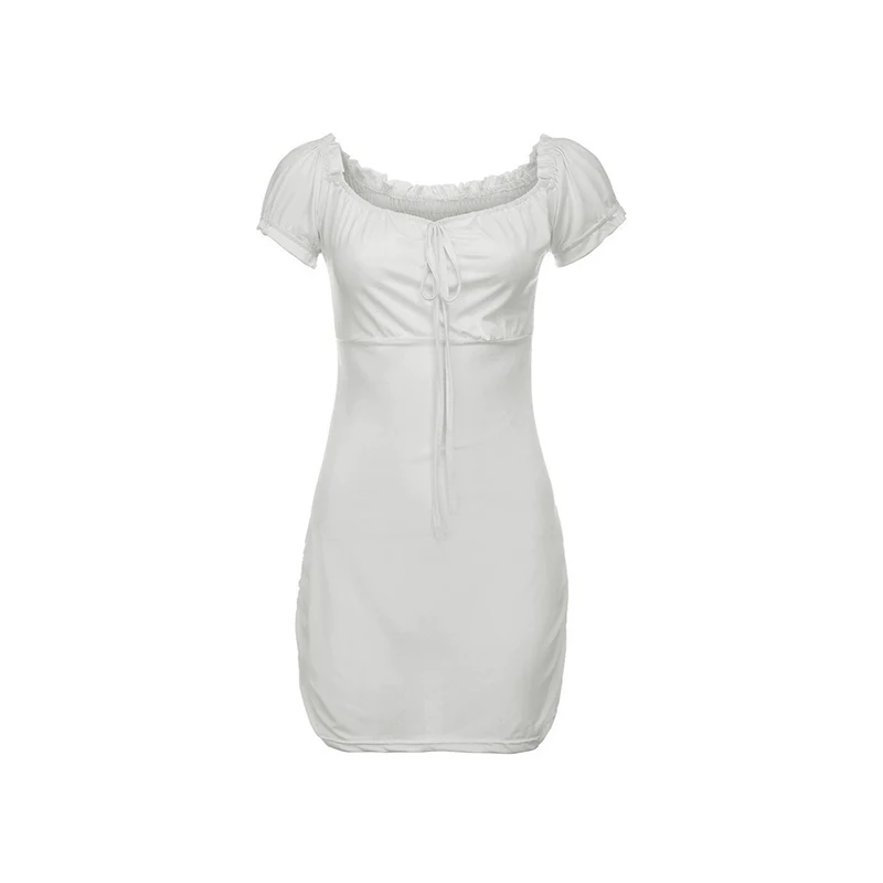 Korean Style Gentle Stringy Selvedge Short Sleeve Short Skirt Lace-up Cinched Bodycon Slimming Sheath White Dress Y2k Style