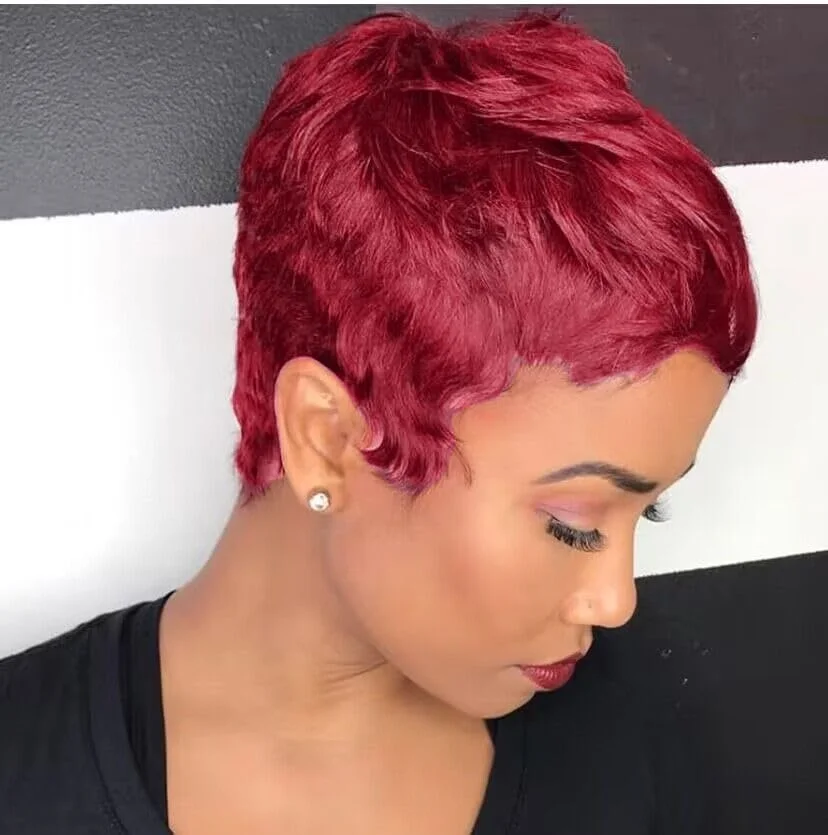 짧은 보브 가발 버건디 인모 여성용 앞머리가 있는 전체 기계식 가발