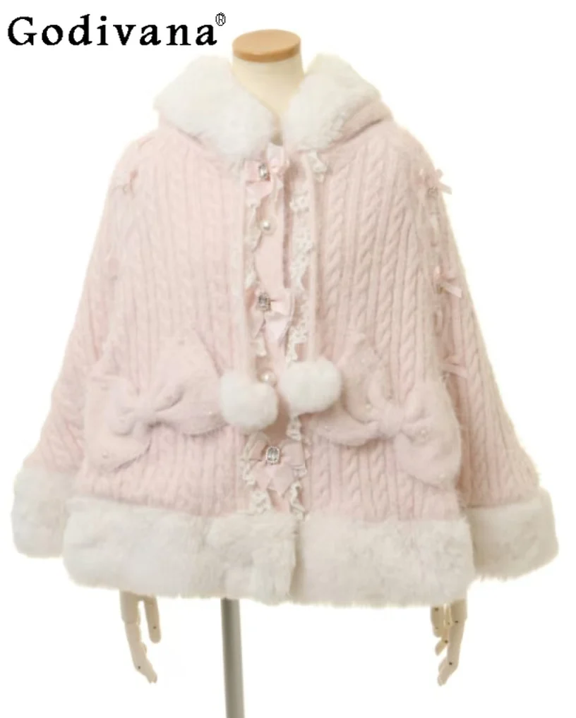 

Japanese Liz Furry Knitted Cape Coat Sweet Girls Women Mine Series Cute Bow Princess Hooded Y2k Lolita Coat Autumn and Winter