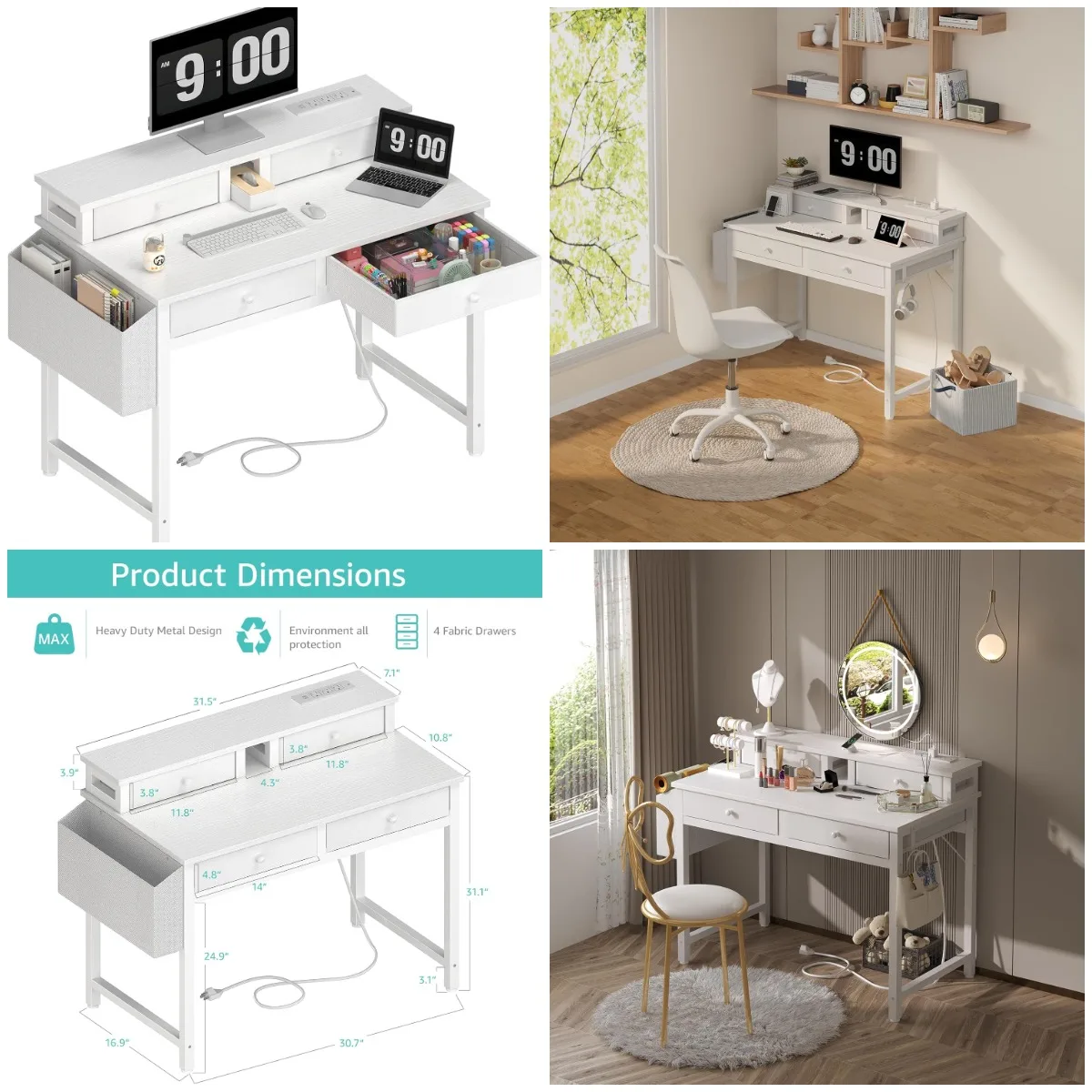 

32' White Vanity Desk with Fabric Drawers, Power Outlet & Monitor Stand for Bedroom or Home Office