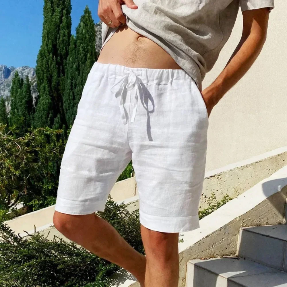 Summer New Men\'s Cotton Linen Breathable Shorts Hawaii Beach Pants Male Solid Color Trousers Loose Versatile Streetwear