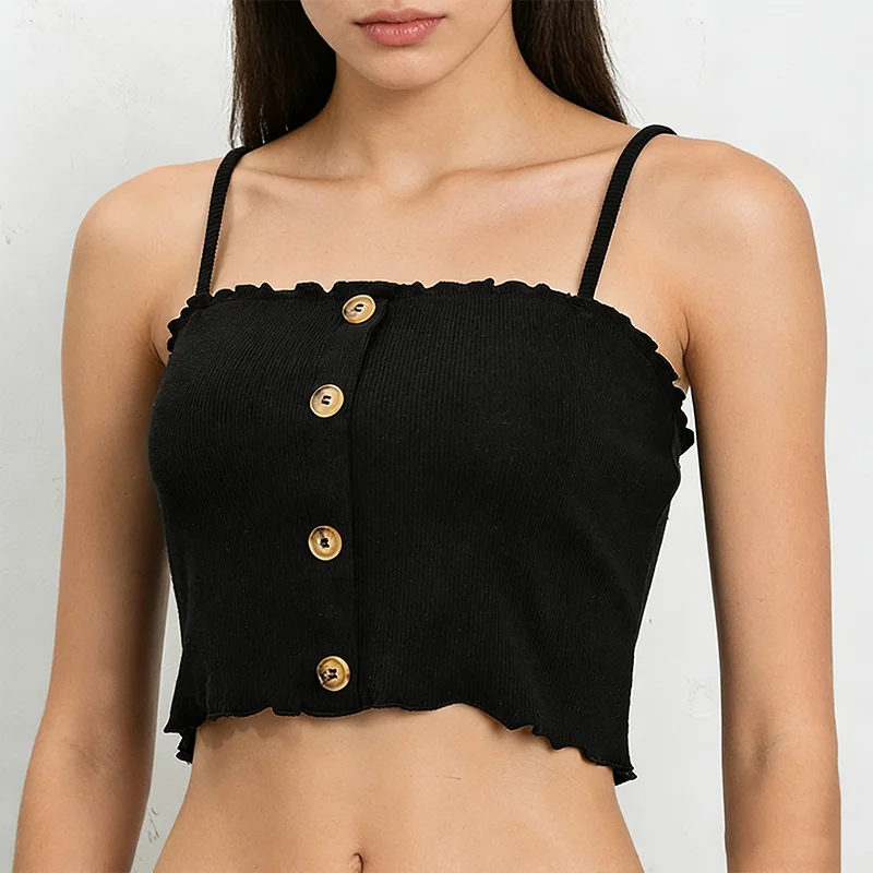 Sommer frauen Baumwolle Strappy Top Einfarbig Ärmel Bodycon Sexy Bauchnabel Mit Knöpfen Stricken Tops Koreanische Harajuku Dame Bh