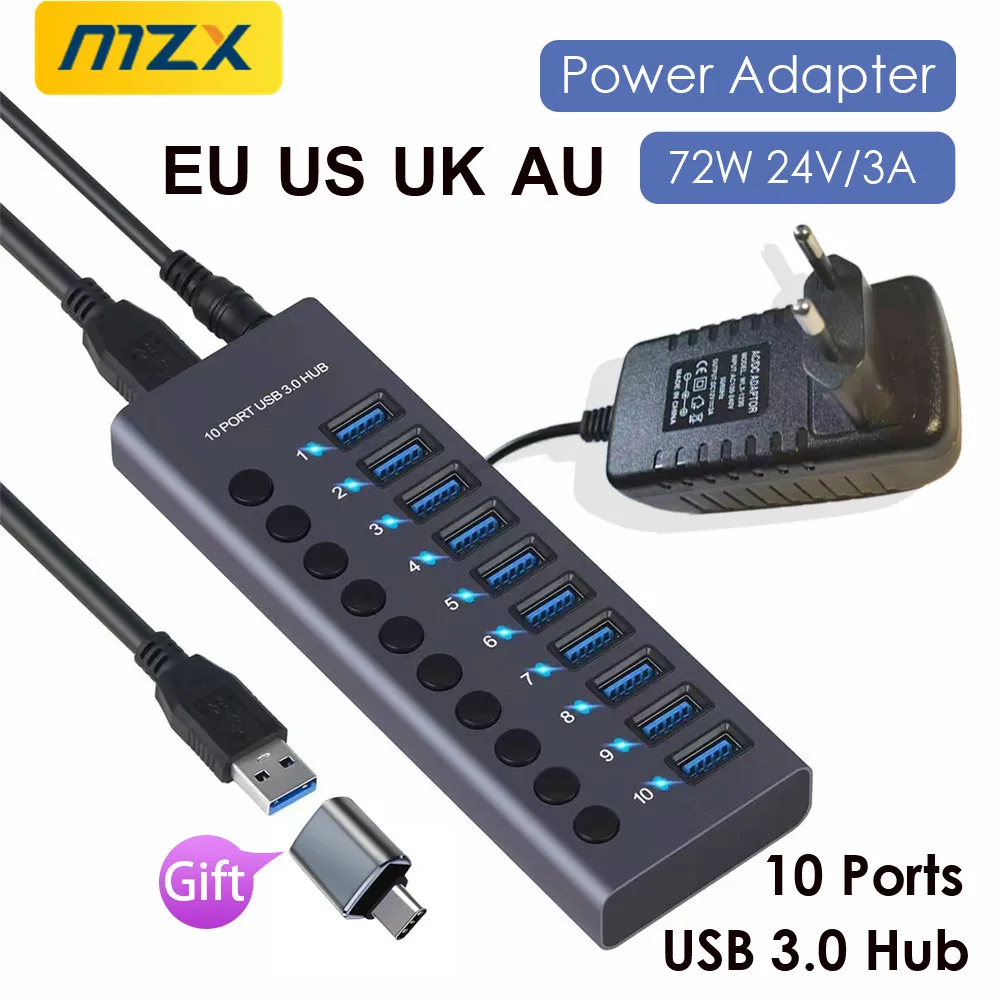 MZX 10 7 4 Ports USB 3.0 A Hub 72W Aluminum Concentrator Multi Splitter PD Charger Multiple Extension Hubs Power Adapter Switch