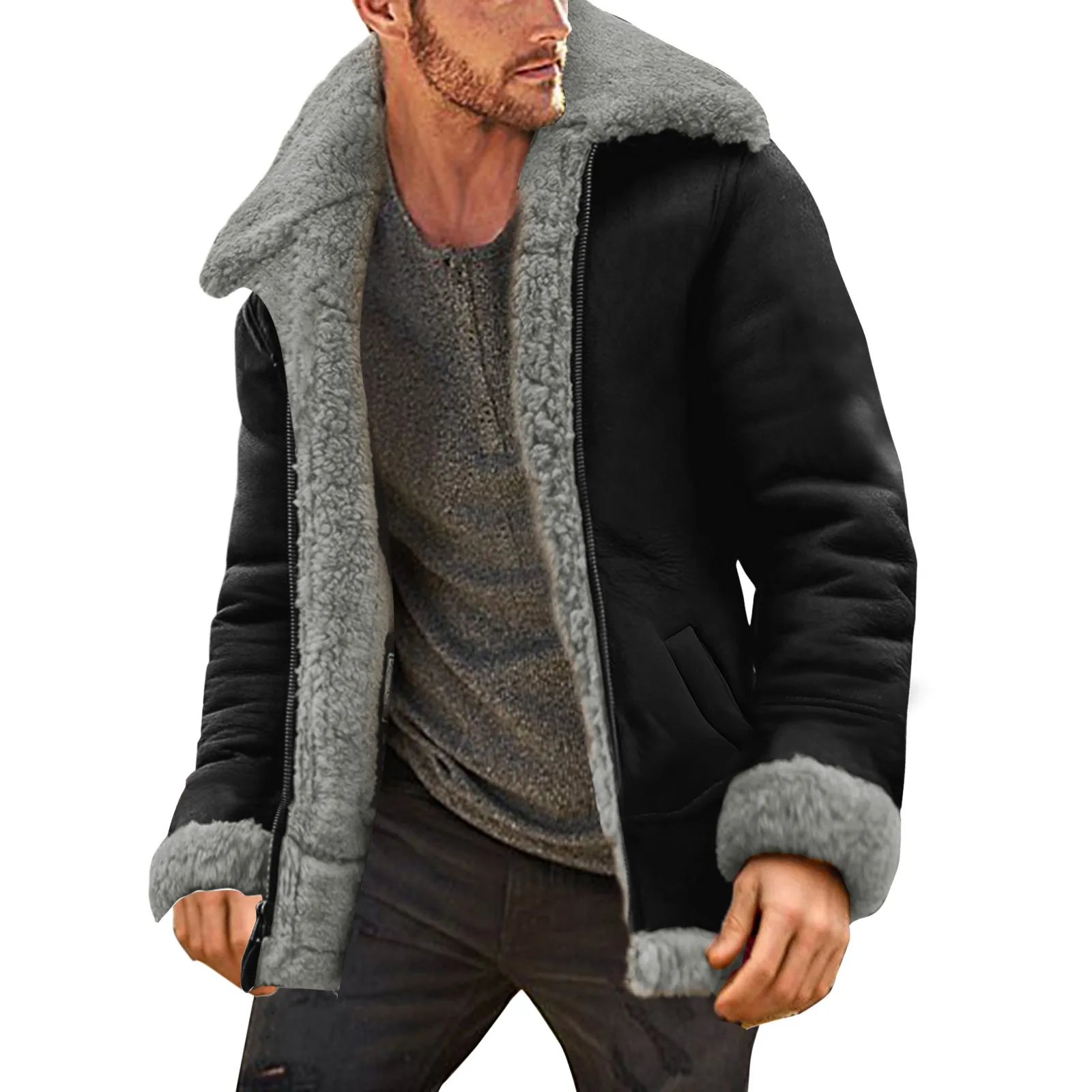 Vintage Thicken Coat Sheepskin Jacket Mens 2024 Fashion Simple Winter Coat Lapel Collar Long Sleeve Padded Leather Jacket