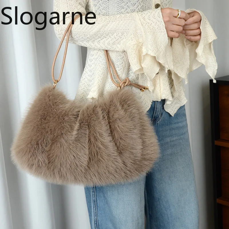 Women's Autumn Winter Fur Handbag Ladies Fashion Faux Fur Bag Solid Color Large Capacity Zipper Fluffy Messenger Shoulder Bag
