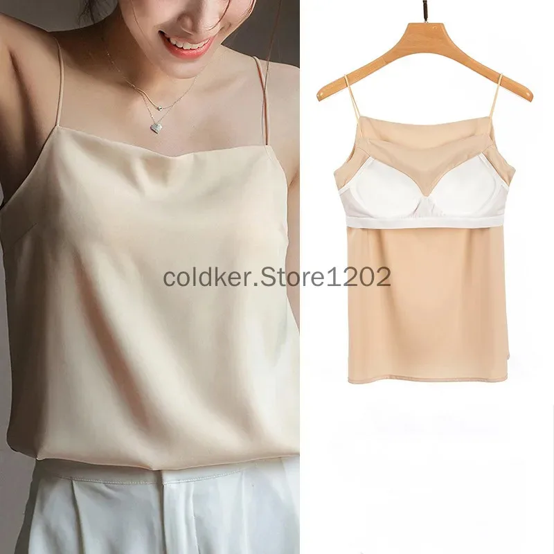 

XT8Korean Women's Basic Solid Camis White Cami Sleeveless Satin Silk Tank Summer Camisole Tops Female Vest with PaddedXT6@!
