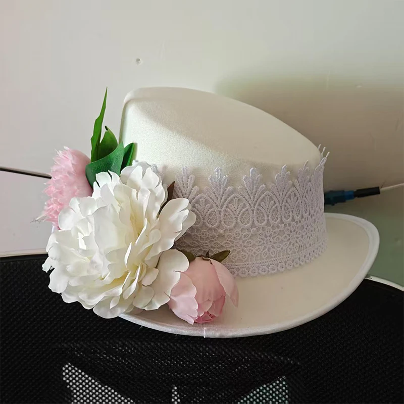 Floral-decorated Top Hat for Women Men Felt Cap Magic Hat Stage hat Slanted Design Party Hat