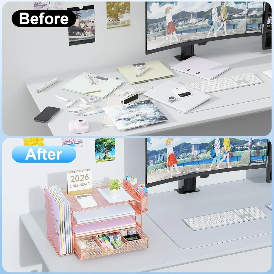 منظمات مكتب وملحقاتها مع درج حامل ملفات وحامل أقلام لتخزين اللوازم المكتبية باللون الذهبي الوردي #3