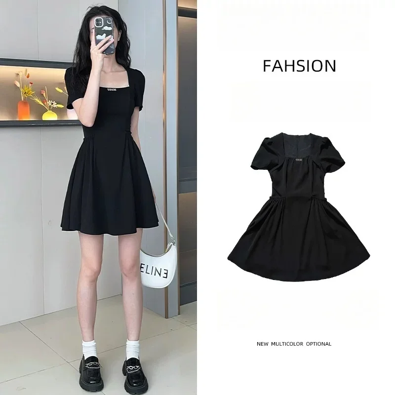 Women Black Square Neck Mini Dress Puff Sleeve High Waist A-line Skater Dress Ruched Party Casual Dress with Built-in Shorts