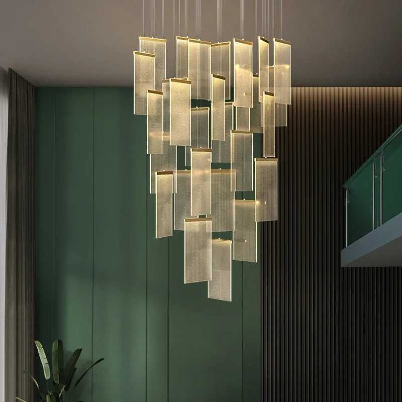 Square Acrylic Led Chandelier Luxury Hanging Light Fixture Staircase Long Hallway Villa Gold Black Home Decoration Pendant Lamps