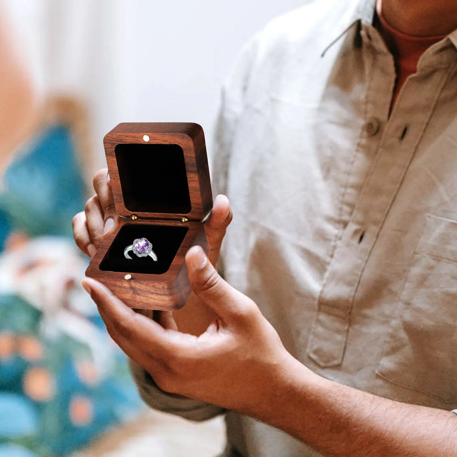 

Ring Box Wooden Jewelry Storage Case for Engagement Wedding Proposal Organizer Waterproof Hard Shell Travel Safe for Rings