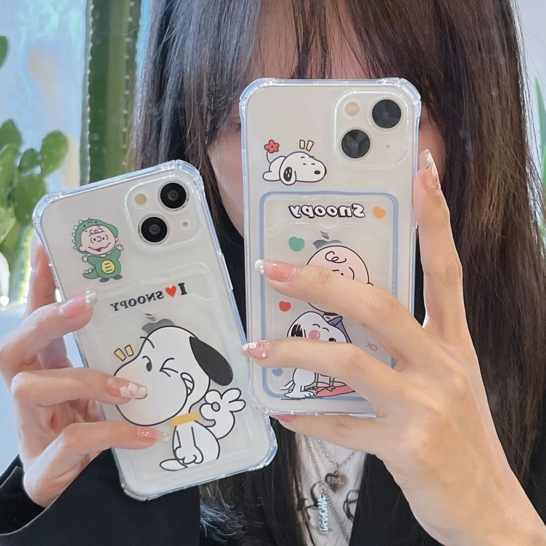 

Cute SNOOPY Charlie Brown Phone Case For iPhone 11 12 13 14 15 16 Pro Max Plus 16plus 15plus Cartoon Card Pocket Cover
