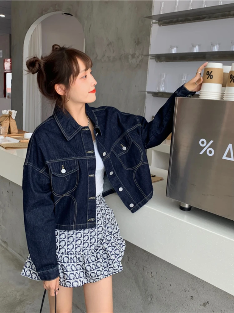 High Street Vintage Jean Jacket Women Korean Fashion Loose Button Up Cropped Denim Jackets Female Spring Autumn New