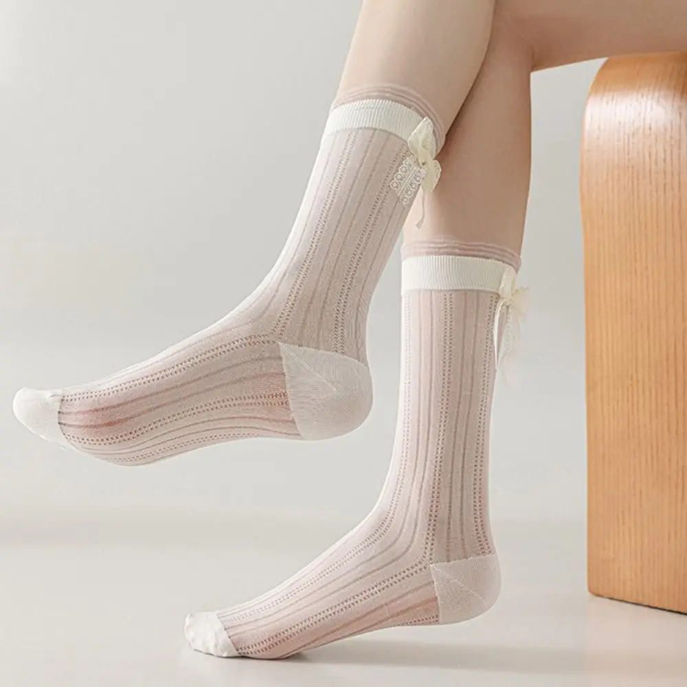 

3Pairs Soft Ruffle Mesh Bowknot Socks Ballet Style Breathable Mid Tube Socks Female Hosiery Lolita Sweet Socks Women Streetwear