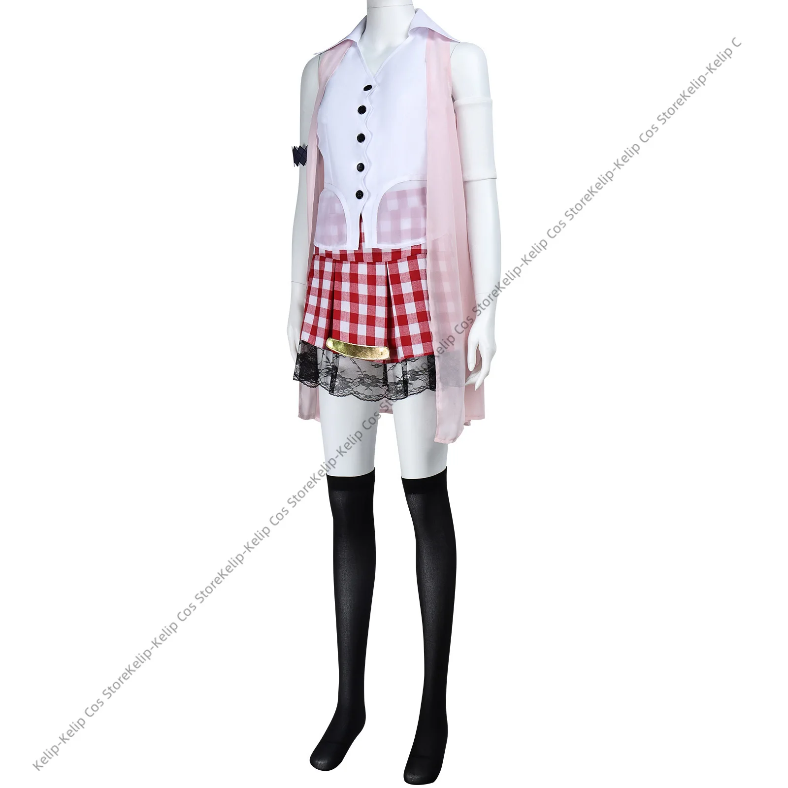 Juego Final Fantasy XIII ‌   Disfraz de Serah Farron, chal rosa, falda de rejilla, peluca, mujer adulta, traje de ocio diario bonito y Sexy
