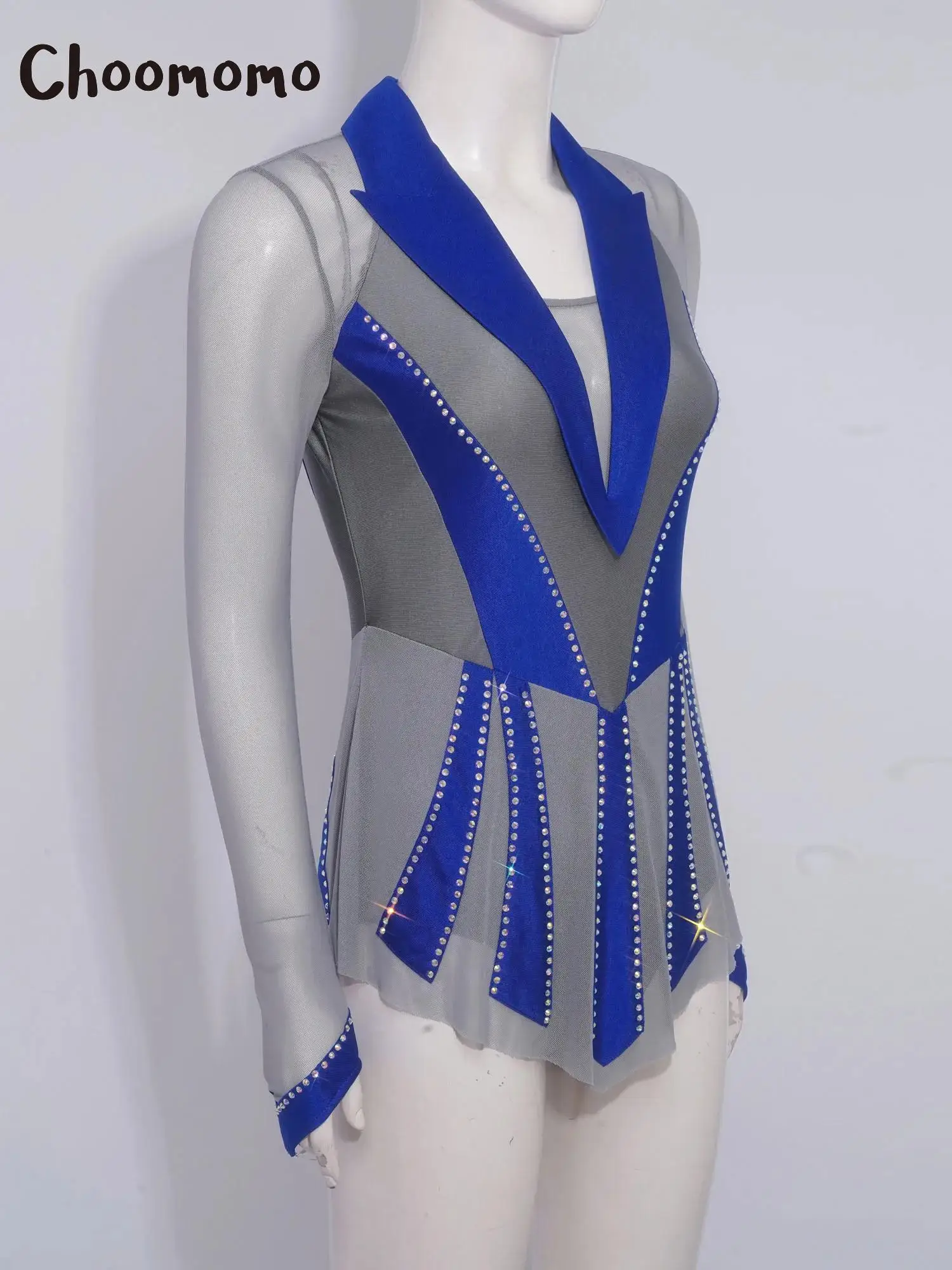 

Women Figure Ice Skating Dresses Glittery Rhinestone Lyrical Dance Dress Long Sleeve Sheer Mesh Ruffle Ballet Gymnastics Leotard