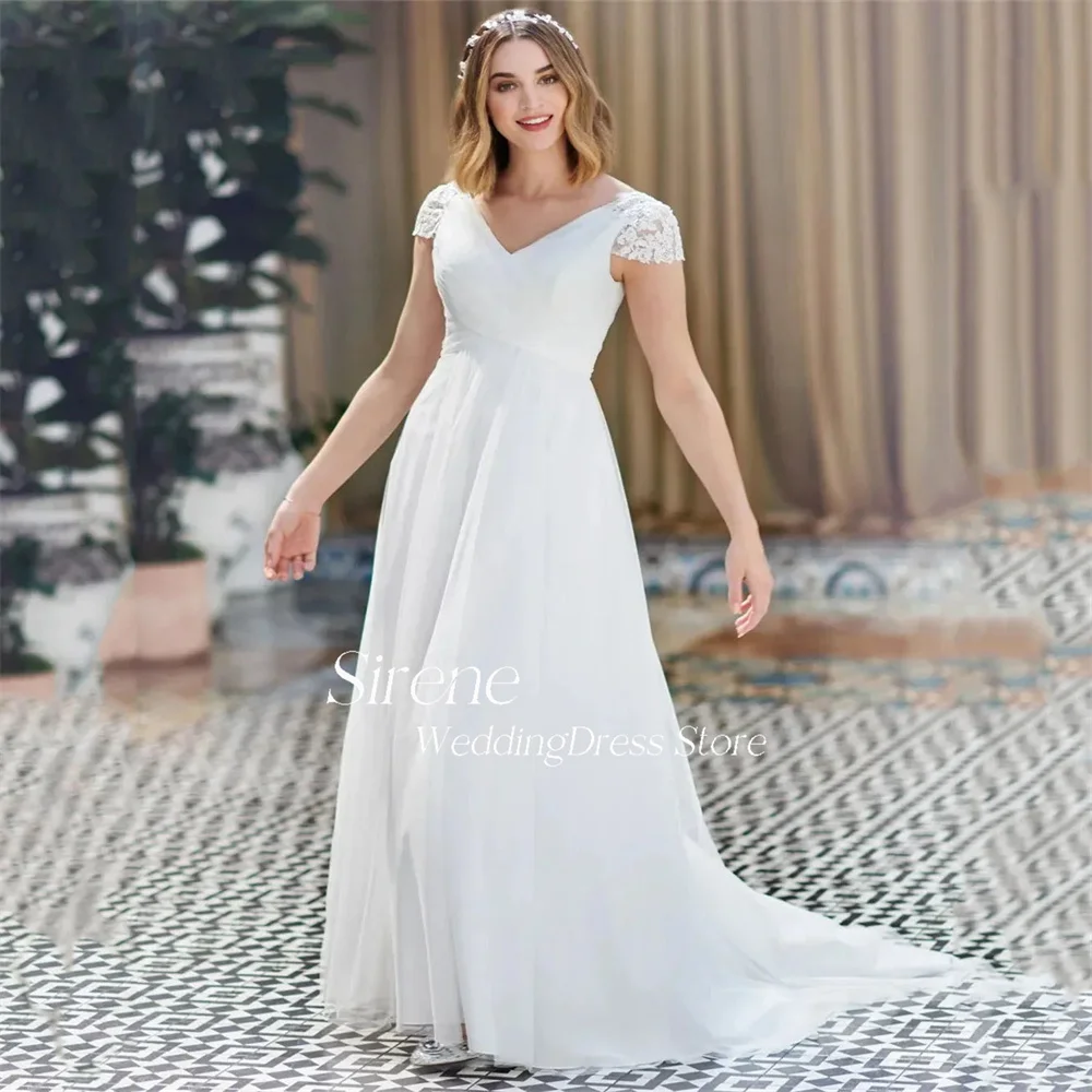 Sirene-tule vestido de noiva com rendas e cap sleeve, elegante, decote em V, linha A, até o chão, sem encosto, vestido de noiva, 2024