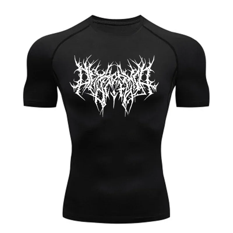 Devil Skull Gothic Letter Print Compression T-shirt Men Streetwear Fitness Gym Quick Dry Sportswear Breathable Workout Top