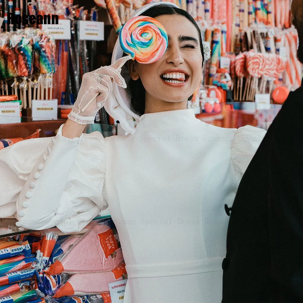 Musulmano semplice collo alto a-line abiti da sposa manica a sbuffo bottone lunghezza pavimento nastro abito da sposa pennello treno robe de mariée