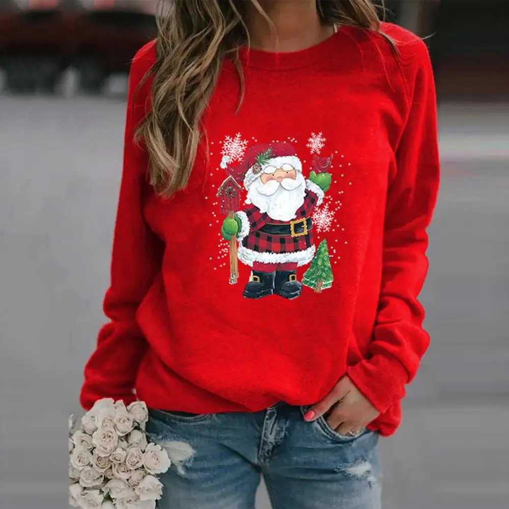 Santa Claus Print Women Sweatshirt Cartoon Xmas 2024 Christmas Tree Snowflake Print Xmas Sweatshirt Jumper Women Casual Pullover