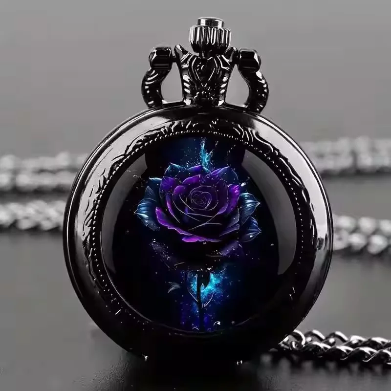 Exquisite Rose Dome Glass Pocket Watch Arabic Numeral Dial Men Women Necklace Pendant Creative Vintage Clock Gifts