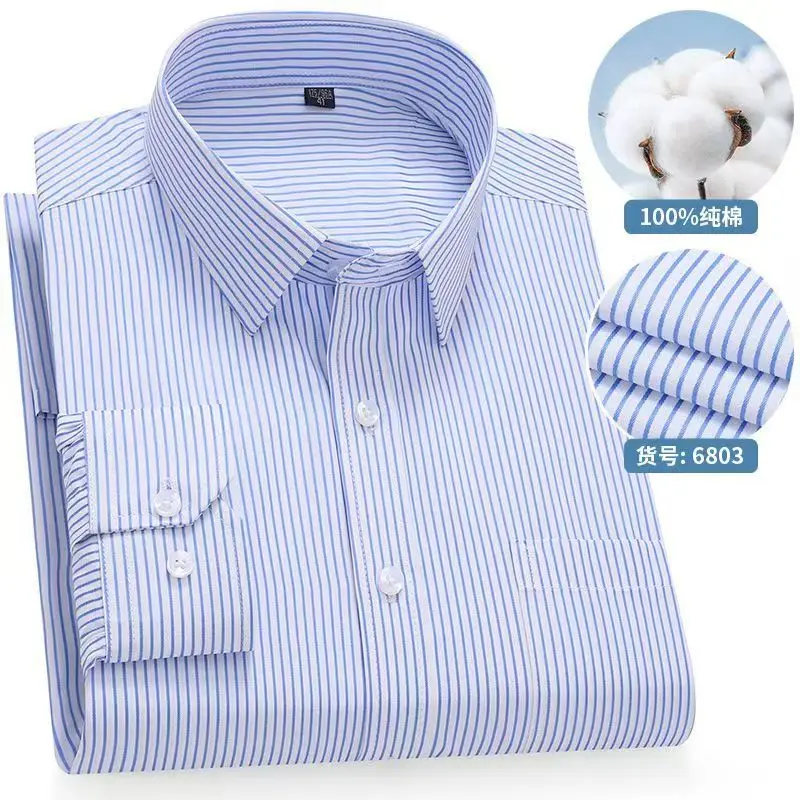 

8XL Solid Color Classic Striped Shirts Men Long Sleeve Formal Office Business White Blue 100 Cotton Long Sleeve Shirt for Men