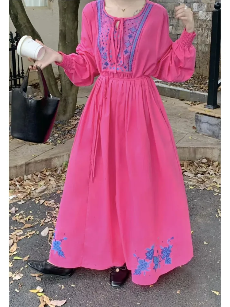 봄 여름 긴팔 드레스 여성 꽃 자수 보헤미안 여성 드레스 캐주얼 루즈 신상 비치 여성 롱 드레스 2026