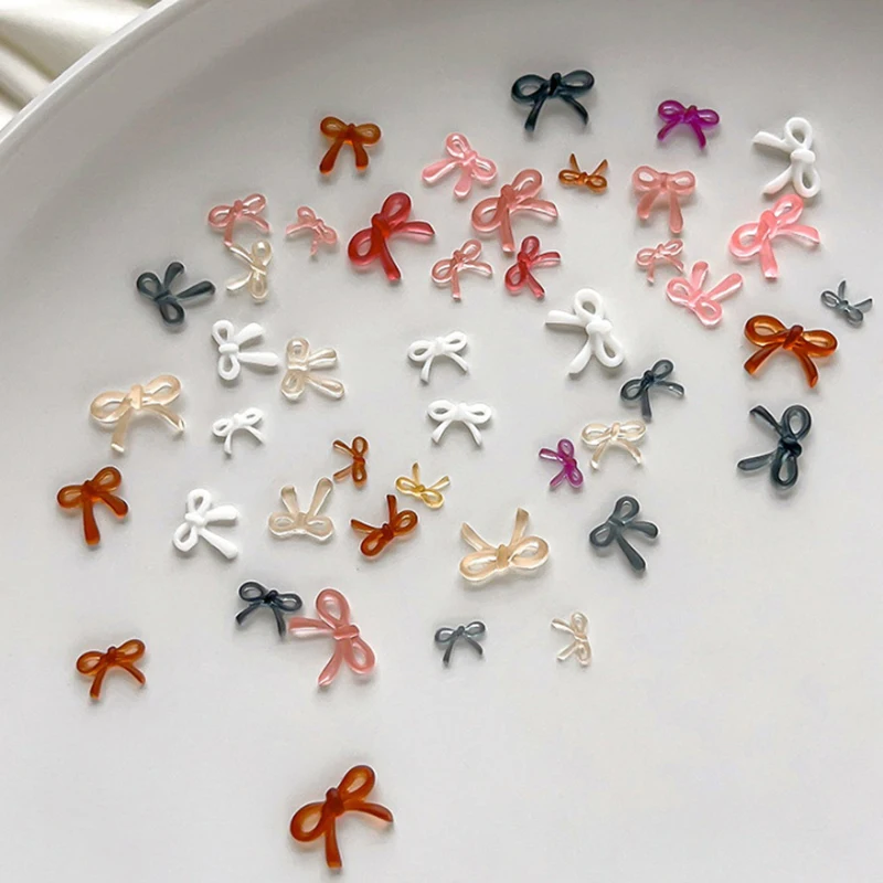 50pcs Resin Bow Nail Charm Bulk Mix Size 3D Ribbon Bowkont Mini Kawaii Nail Art Accessories DIY Cute Nails Decorations