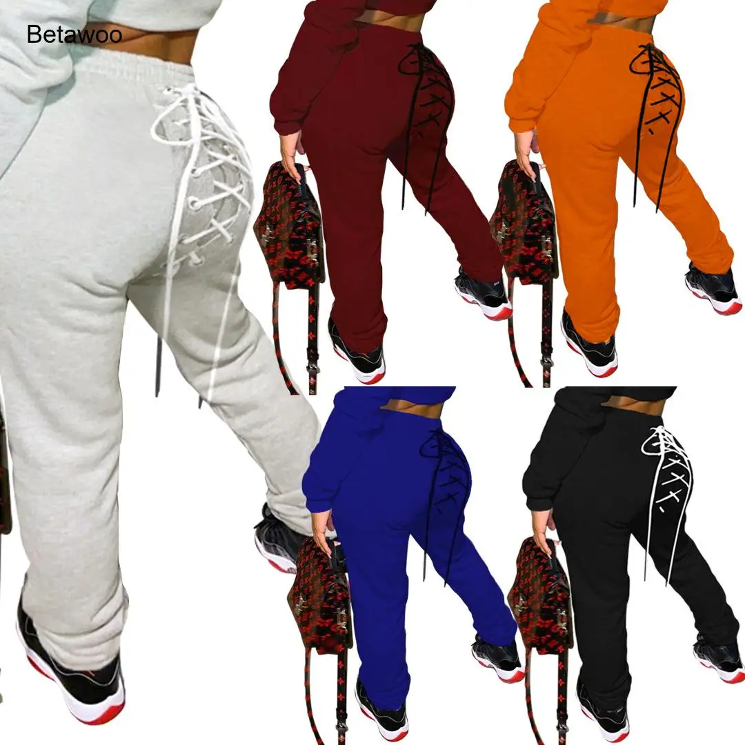 Womens Lace Up High Waist Sweatpants Casual Drawstring Joggers Slim Fit Track Pants with Pockets for Gym Daily